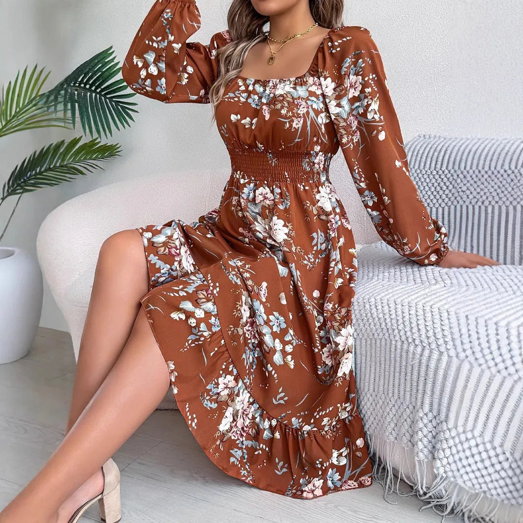 Women's A-line midi dress with square collar long sleeves and ruffled waist trimming in polyester fabric