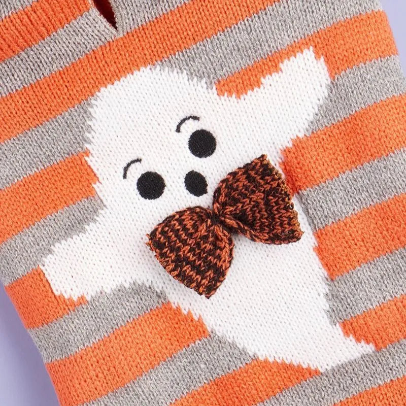 Orange Halloween pet sweater with contrast stripes, hood, and fur ball trim for dogs and cats