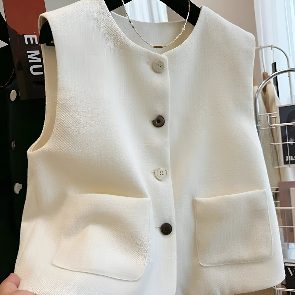 Women's French style round neck sleeveless vest in black polyester bandage design
