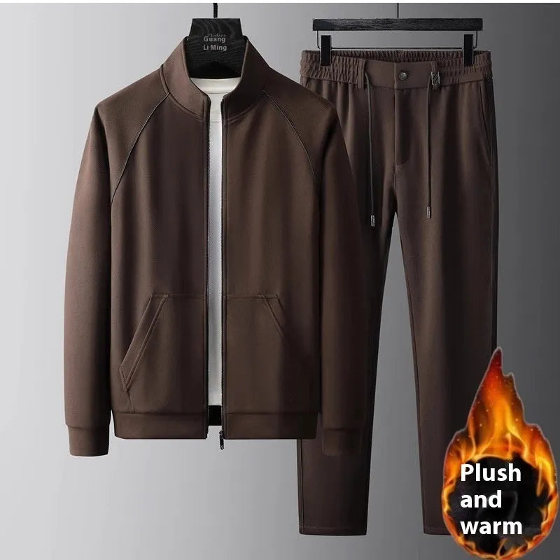 Men's stand collar slim fit casual sport suit in black with matching trousers