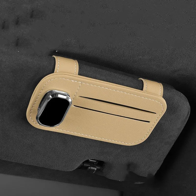 Car sun visor storage organiser with card holder and glasses clip made from cowhide leather