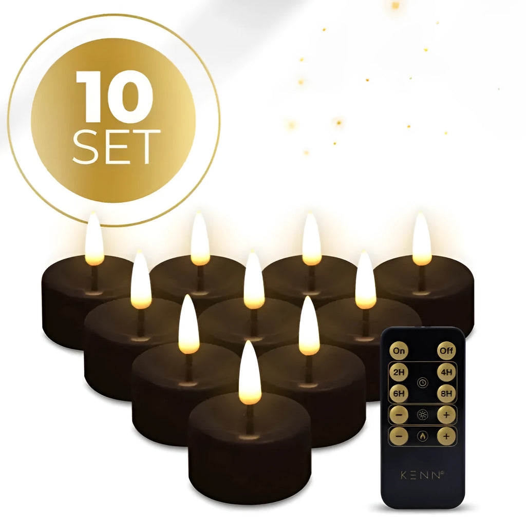 Four black S10 LED flameless tealight candles showing flickering flame effect.