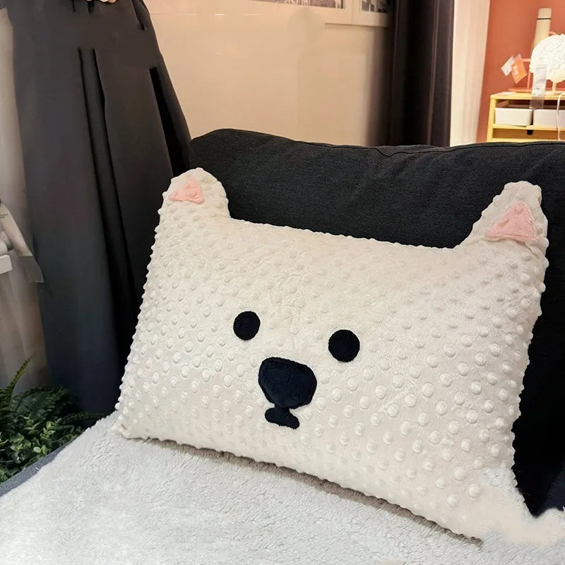 West Highland puppy dog pillow on sofa, grey and white dog-themed design, 50cm length