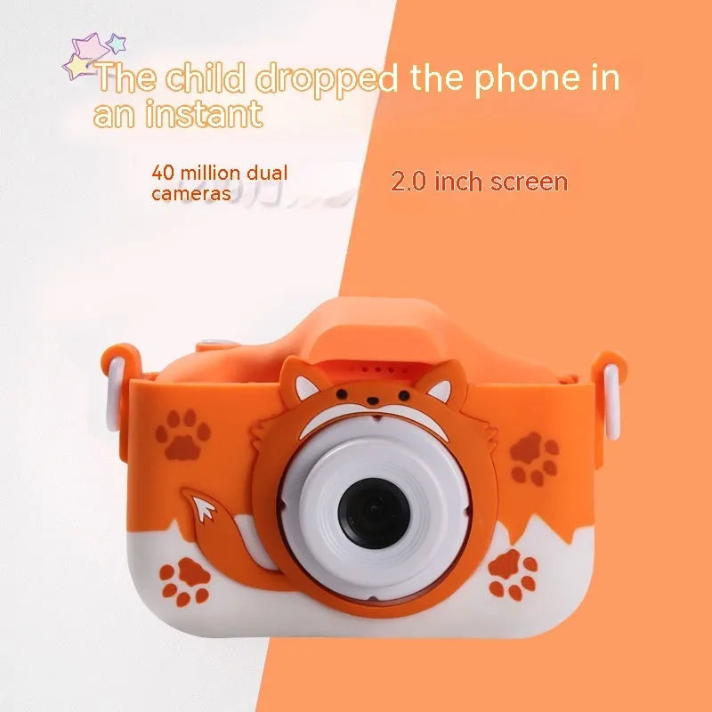 HD cartoon digital camera for children in blue or orange with lanyard and charging cable