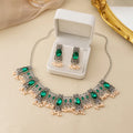 Vintage emerald earrings and necklace set with square tassel bead pendant and O-ring chain in retro ethnic style, colour E1474-2