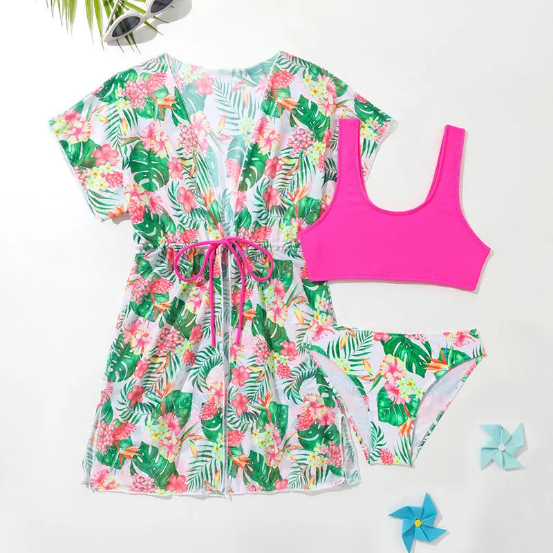 Girls' floral two-piece swimsuit with high elasticity polyester fabric for swimming sports