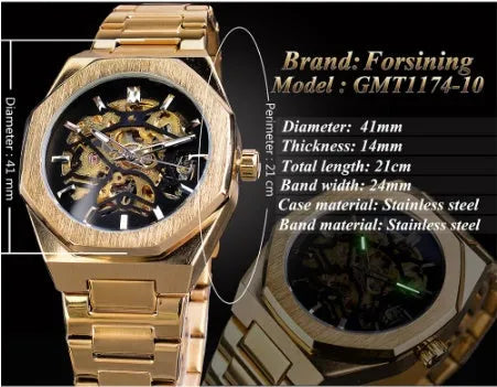 Men's mechanical automatic watch with skeleton dial, stainless steel case, and black genuine leather band on a white background