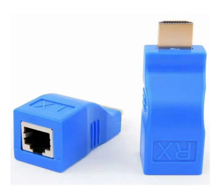 HDMI over Cat-6 extender kit with compact transmitter and receiver units for 30-metre 1080P signal transmission.