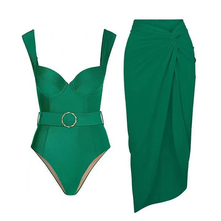 Women's one-piece swimsuit with gauze skirt in polyester, showing double shoulder and oblique shoulder strap styles.