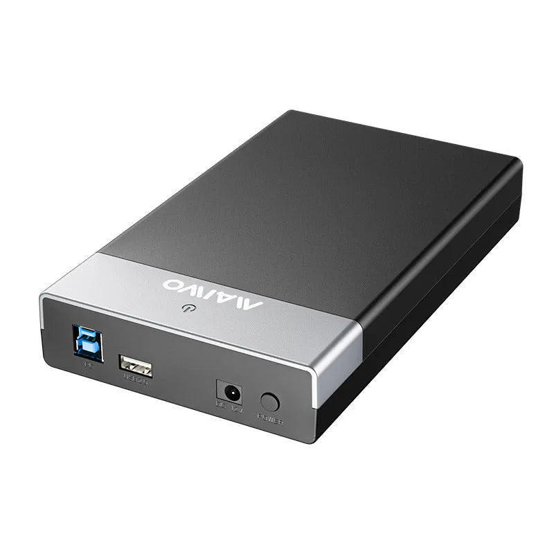 3.5 inch USB SATA hard drive enclosure with sliding cover and power supply in black and silver colour