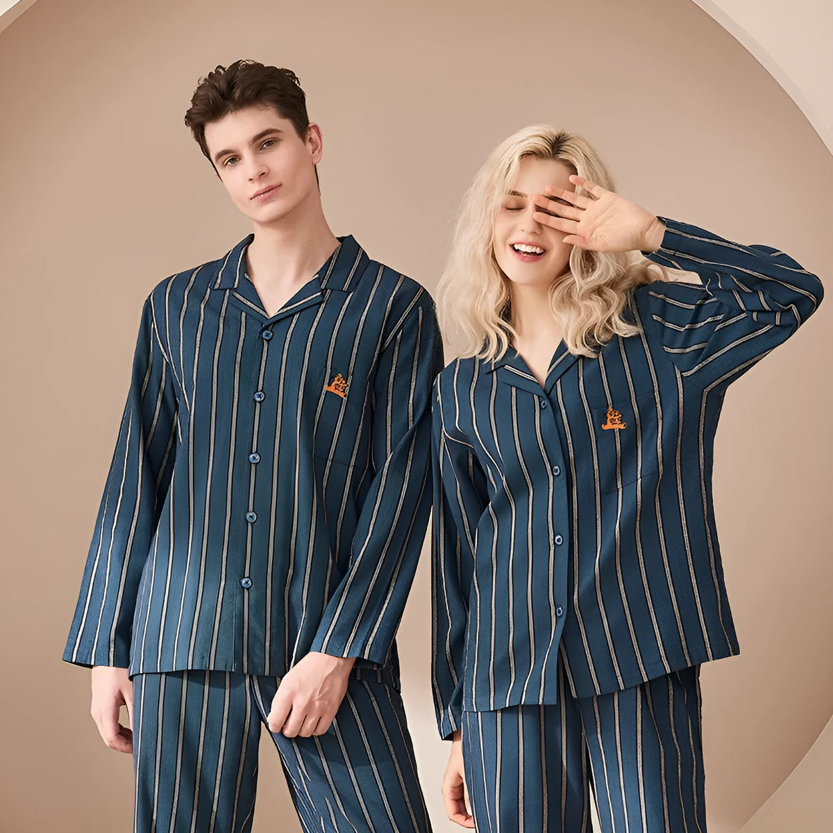 New Home Thickened Cotton Pajamas set in ink blue for men and women, long sleeve long pants suit style