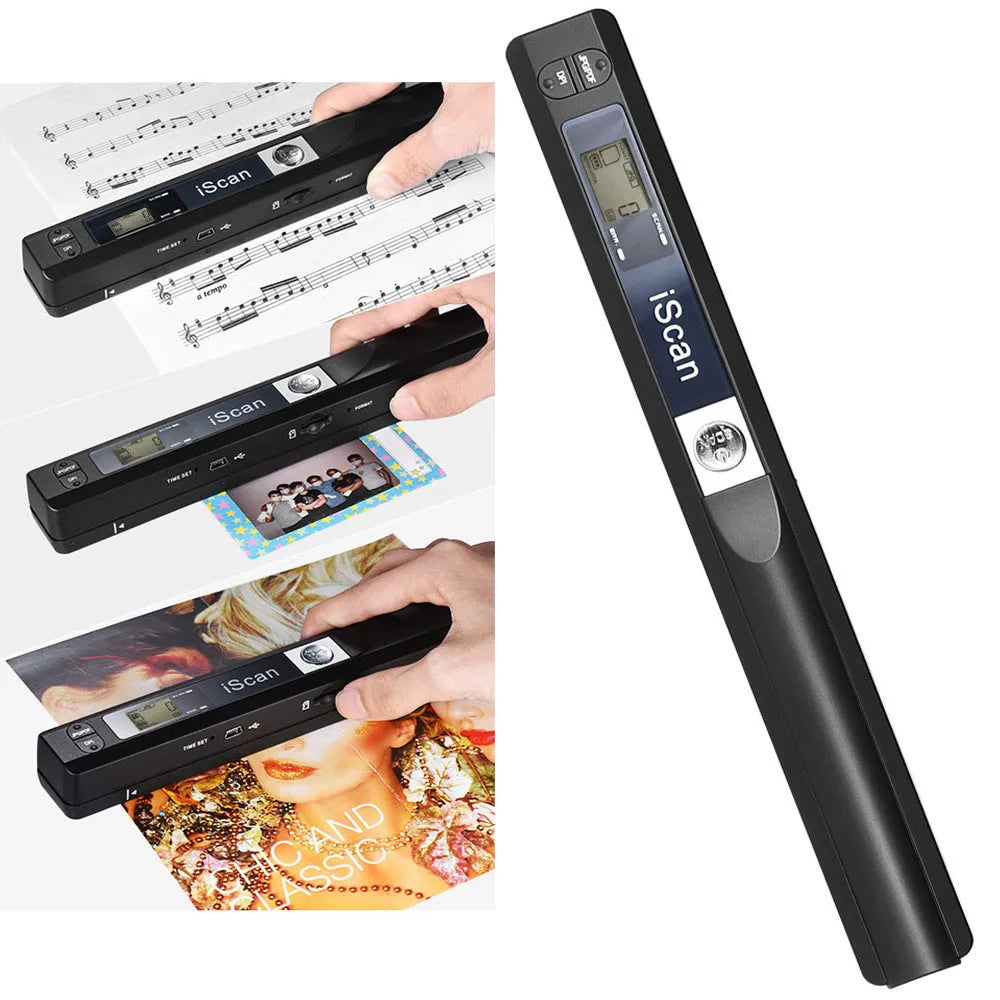 A handheld plastic barcode scanner shown in black, blue, green, red, and silver colour variants
