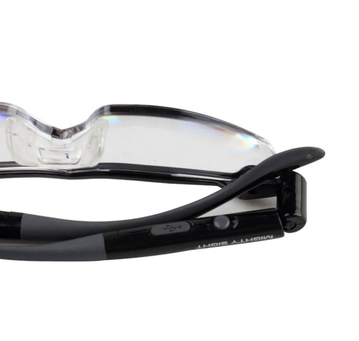 Transparent black USB LED reading glasses with integrated lighting, ABS frame, folded position