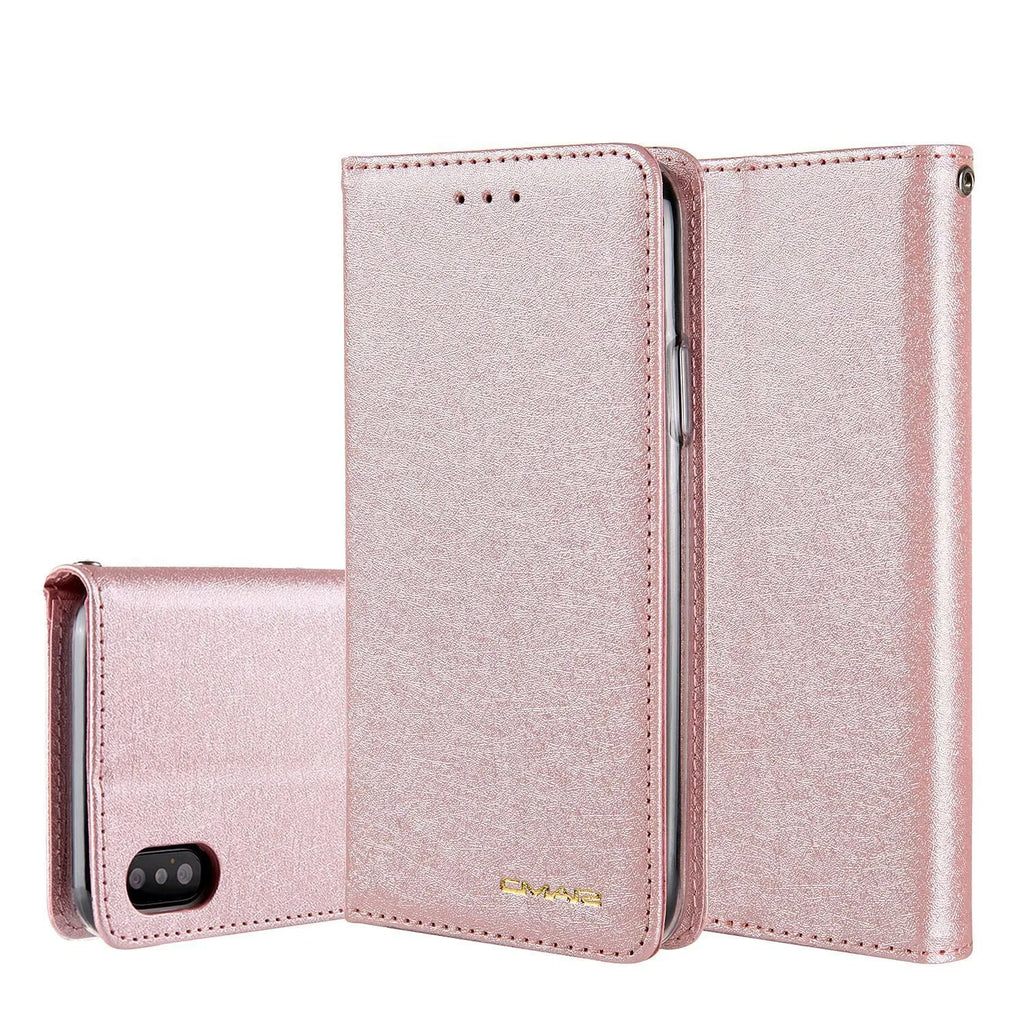 Black PU leather flip phone case for Apple iPhone with card slots open.