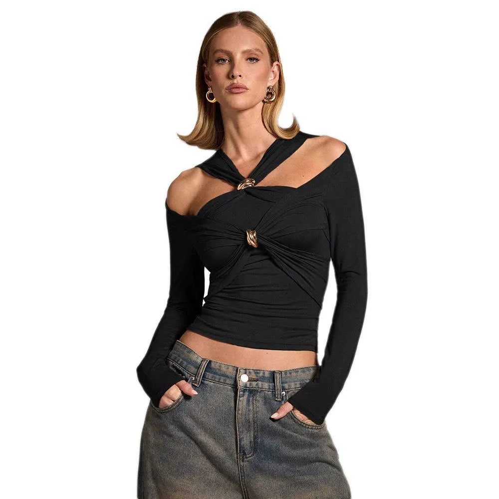 Black women's halter neck slim fit top with long sleeves on mannequin