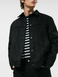 Black men's hooded casual jacket with a suede collar, showing side seam pockets and loose long sleeves.