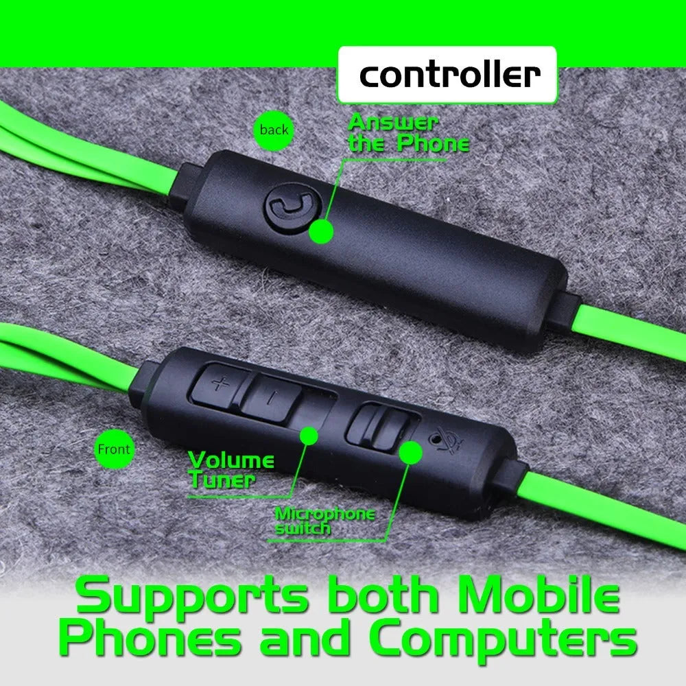 Shuangmai wired in-ear computer gaming headset in black, green and red colours with 1.5cm cable
