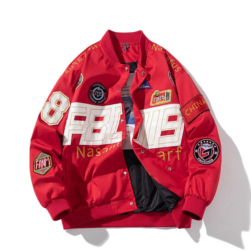 Black American motorcycle baseball uniform jacket with side pocket, shown in loose fit