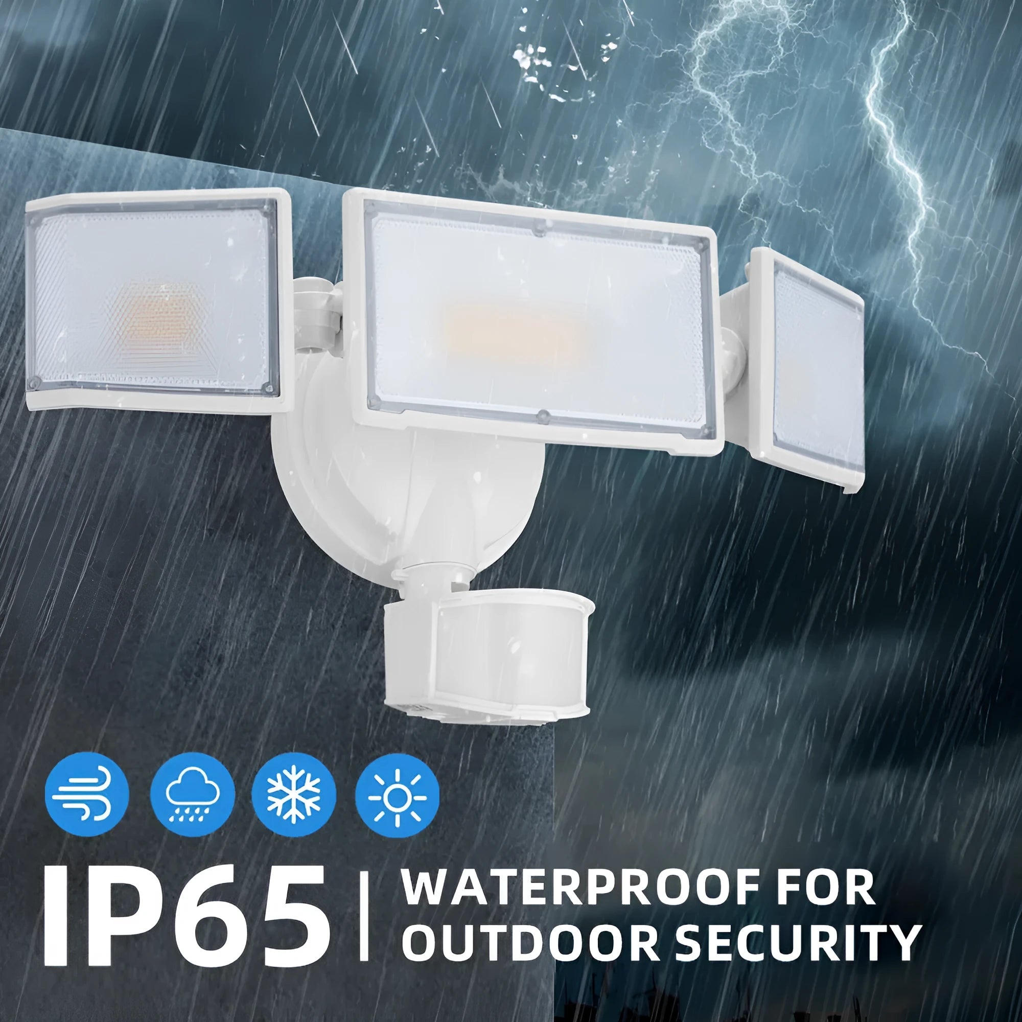 White LED security flood light with motion sensor mounted on an outdoor wall.