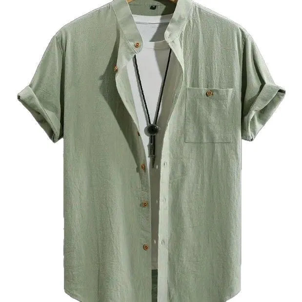Men's short-sleeved cotton cardigan shirt in solid colour, front view, colour white