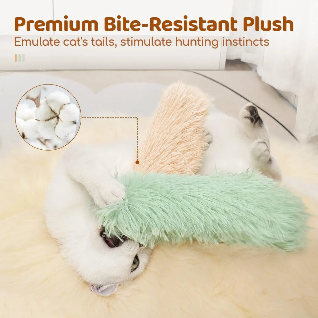 Plush cat toy pillow in blue, green, pink, or white colours measuring 27 by 10 centimetres