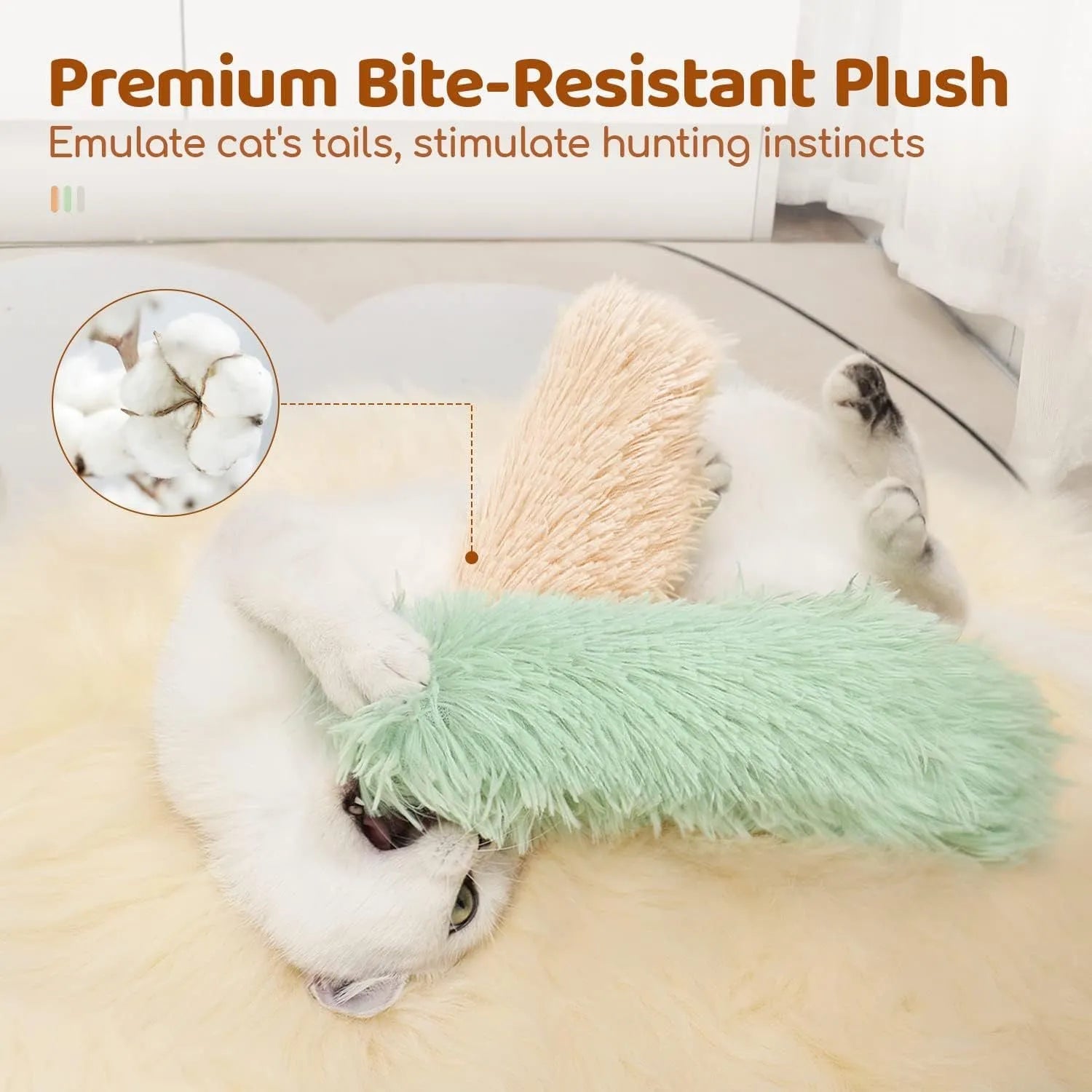 Plush cat toy pillow in blue, green, pink, or white colours measuring 27 by 10 centimetres
