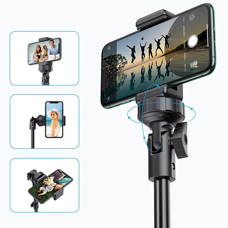 Black aluminium selfie stick tripod with 5 sections, compatible with Apple iPhones