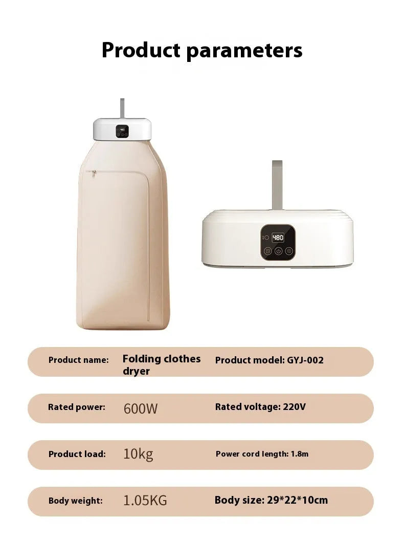 White cylindrical compact laundry drier with remote control on countertop