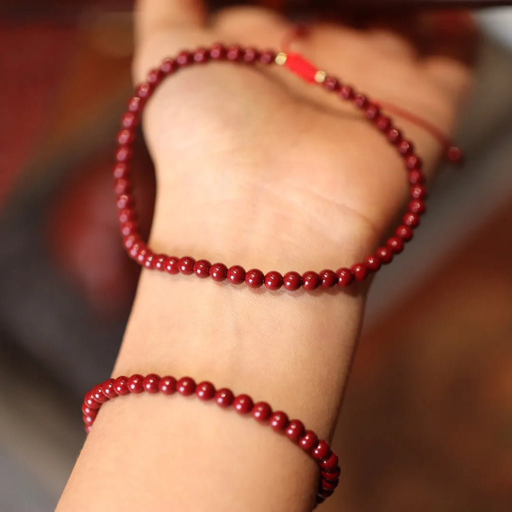 Handmade natural cinnabar bracelet with purple gold sand design and geometric Chinese auspicious patterns