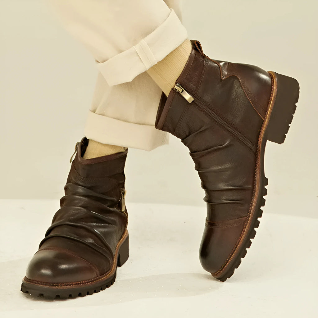 Men's black PU leather cowboy boots with side zipper, round toe, and mid-height horseshoe heel.