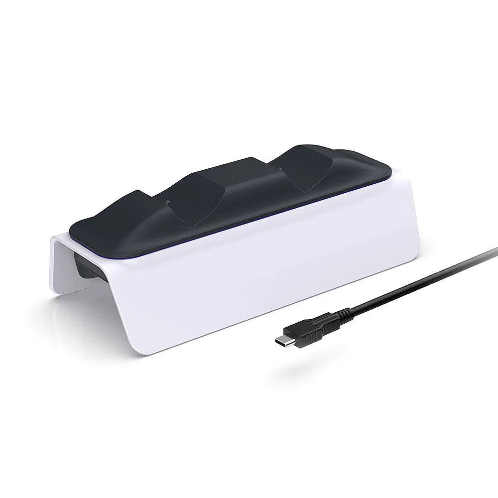 White PS5 dual controller charger for two DualSense gamepads with US or universal plug