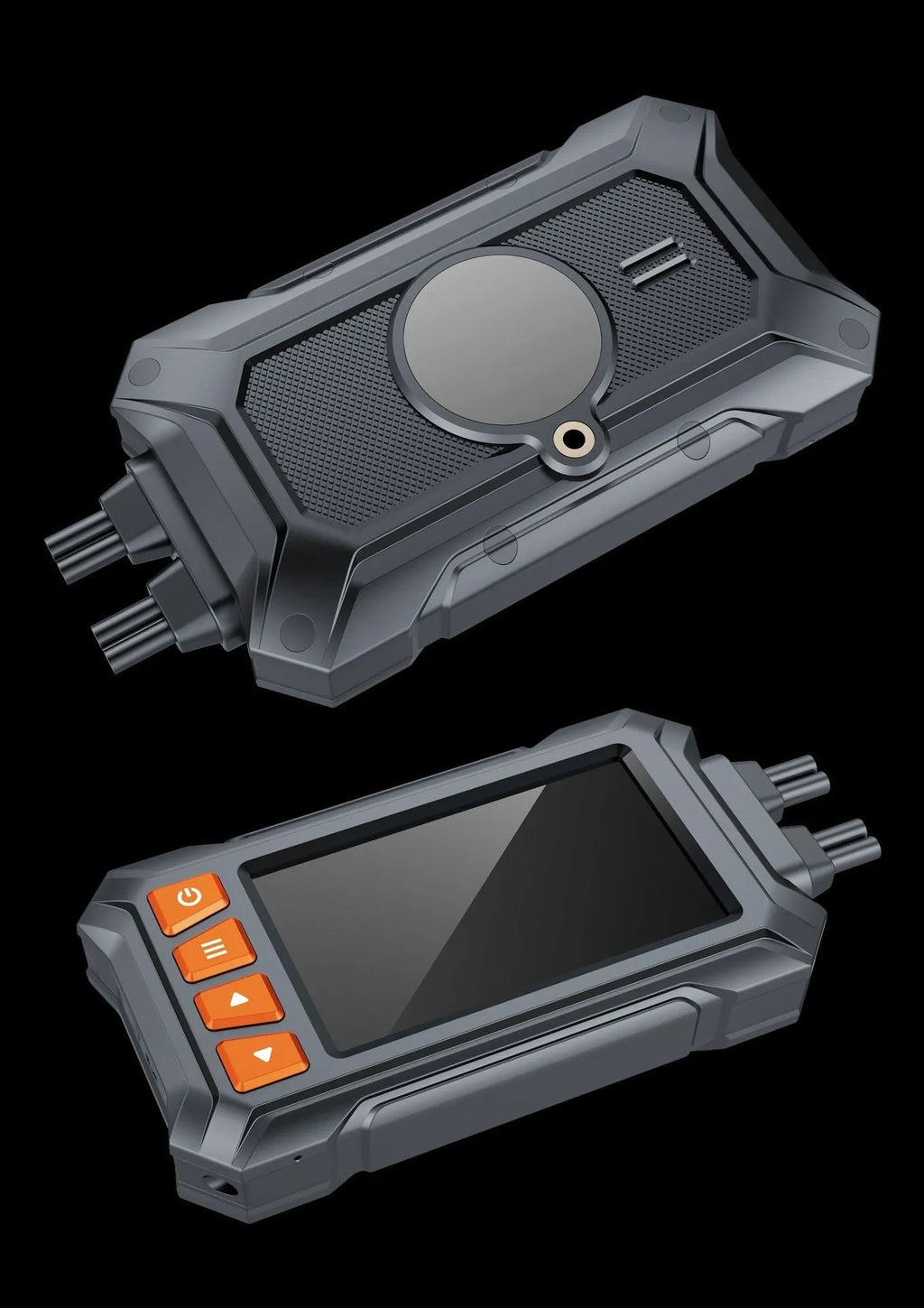 3-inch motorcycle dash camera with dual lenses, GPS module, and cables on a motorcycle handlebar