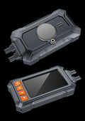 3-inch motorcycle dash camera with dual lenses, GPS module, and cables on a motorcycle handlebar
