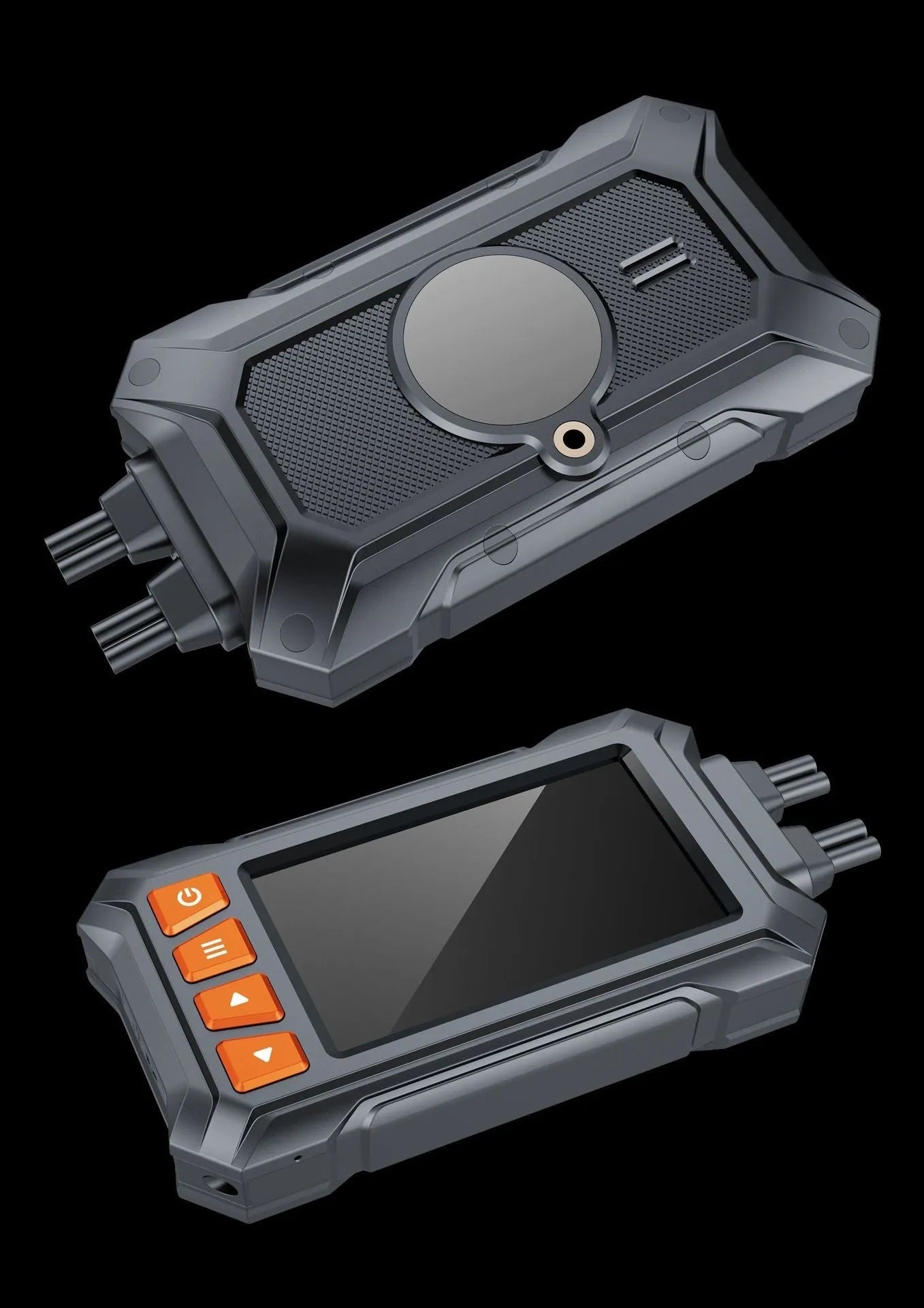 3-inch motorcycle dash camera with dual lenses, GPS module, and cables on a motorcycle handlebar