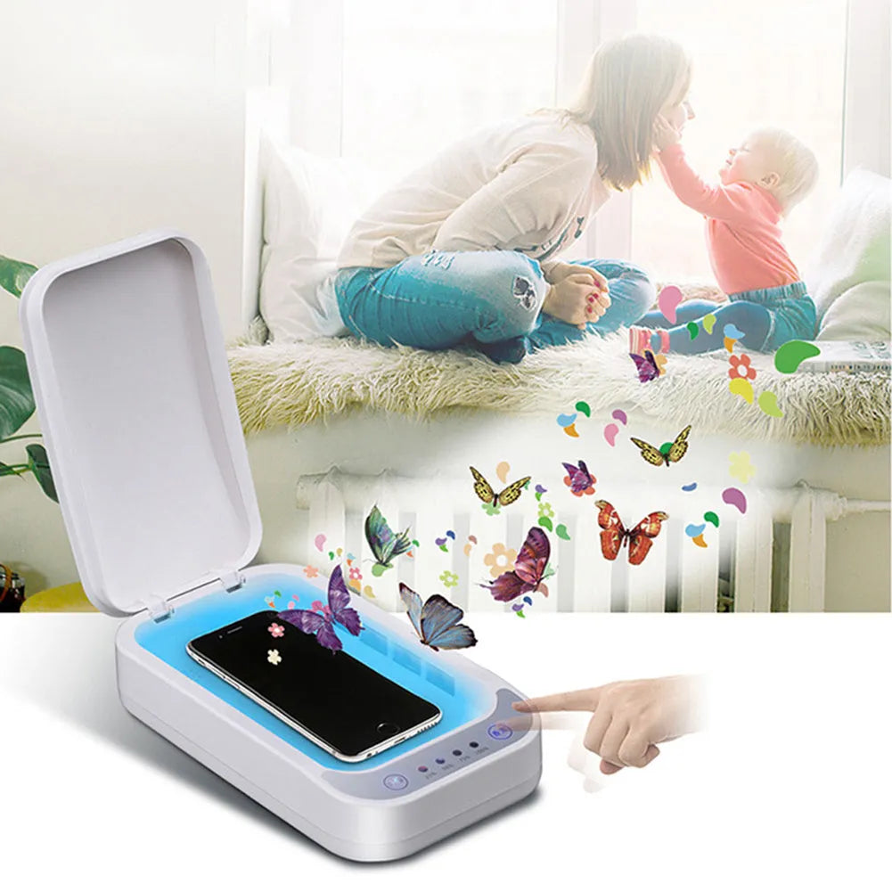 Blue and white ultraviolet disinfection box for mobile phones with 253.7nm UV wavelength