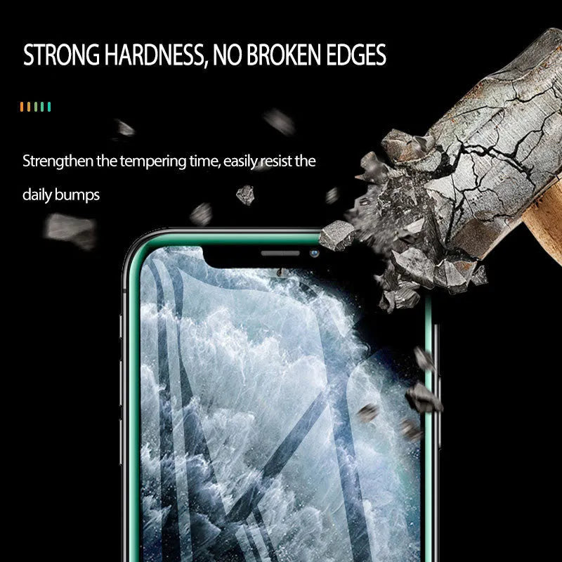 Luminous full cover tempered glass screen protector for iPhone glowing softly in dark conditions.