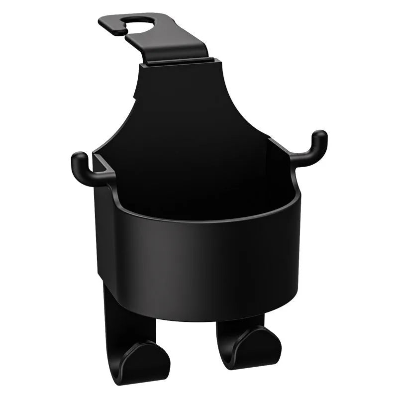Black plastic car seat back organizer with cup holder and hanging hook for vehicle storage
