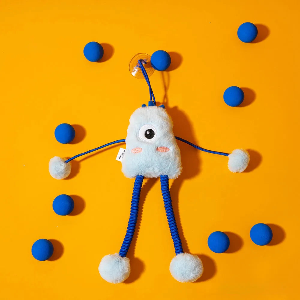 Blue plush cat toy ring with elastic rope and bell on a white background