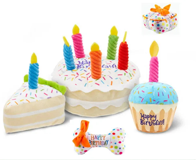 Pet plush toy dog birthday gift with squeaker in birthday cake design, 7 inches wide, soft plush material