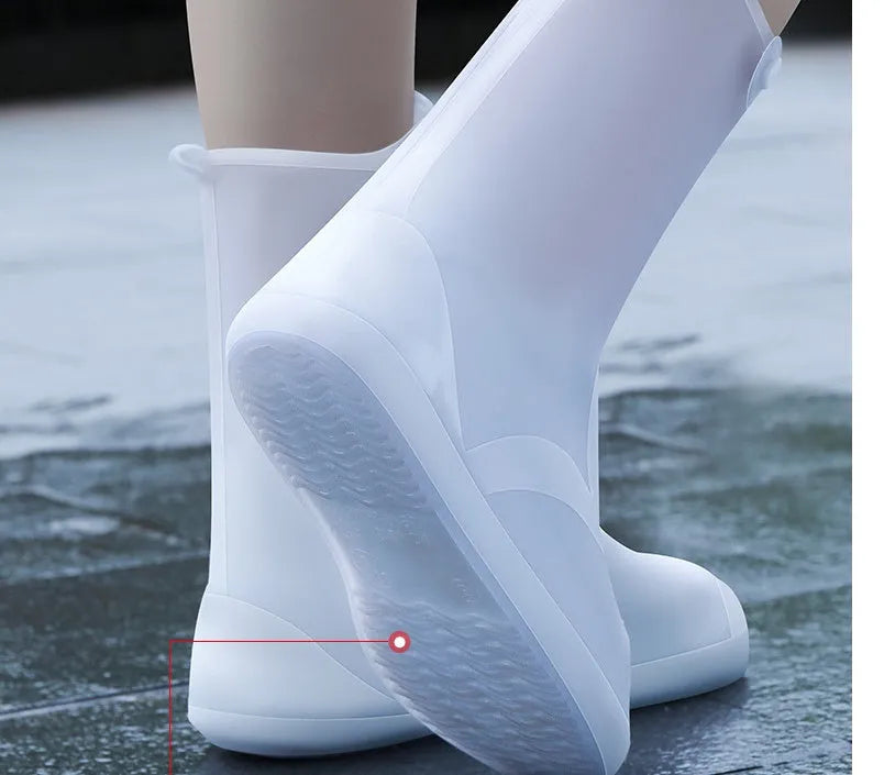 White PVC women's waterproof shoe covers high top design with reusable construction for rain protection
