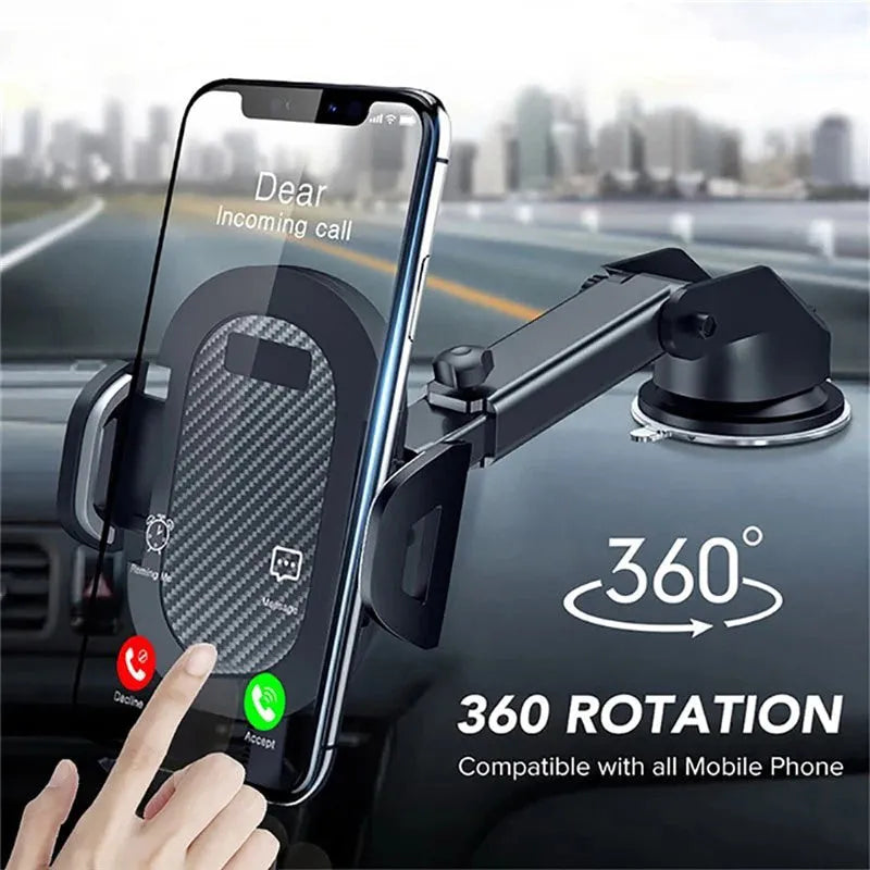 Black universal car phone holder showing adjustable grip for 4.0-7.0 inch mobile phones