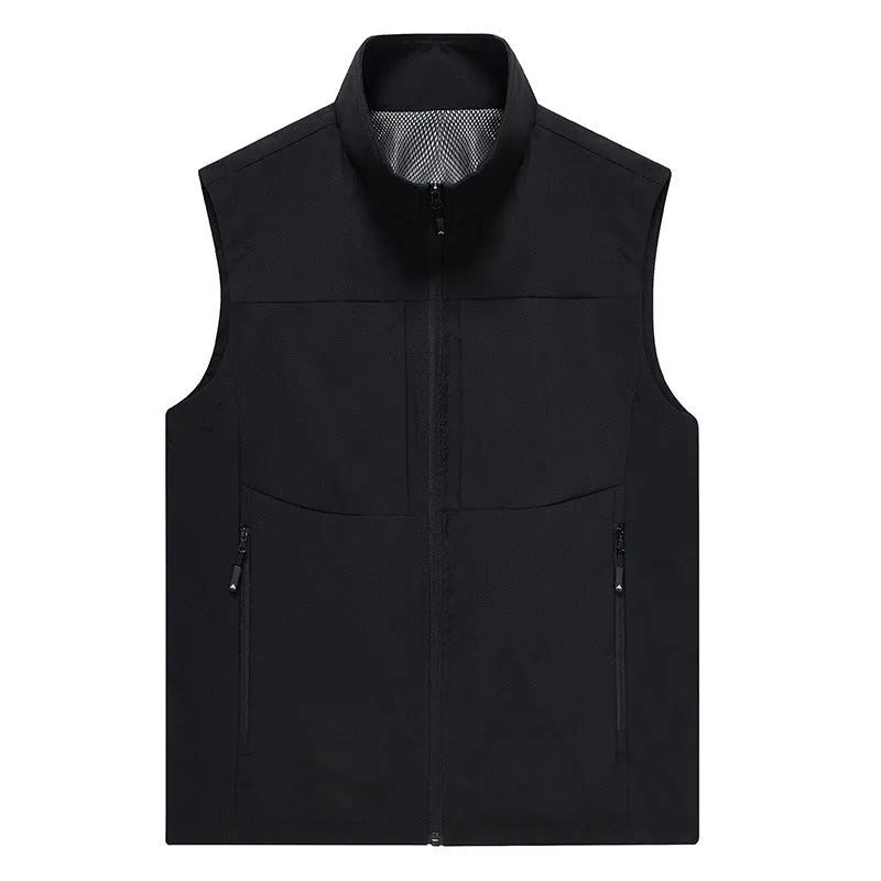 Men's casual stand collar cardigan vest in army green, shown with zipper pockets and a loose fit.