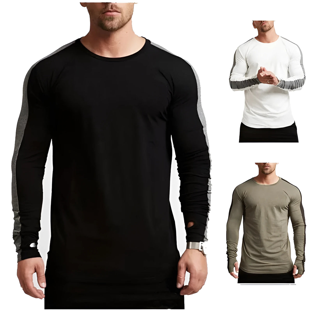 Men's long-sleeved modal T-shirt, slim fit, round neck, plain design, white grey black green, sizes M-XXL