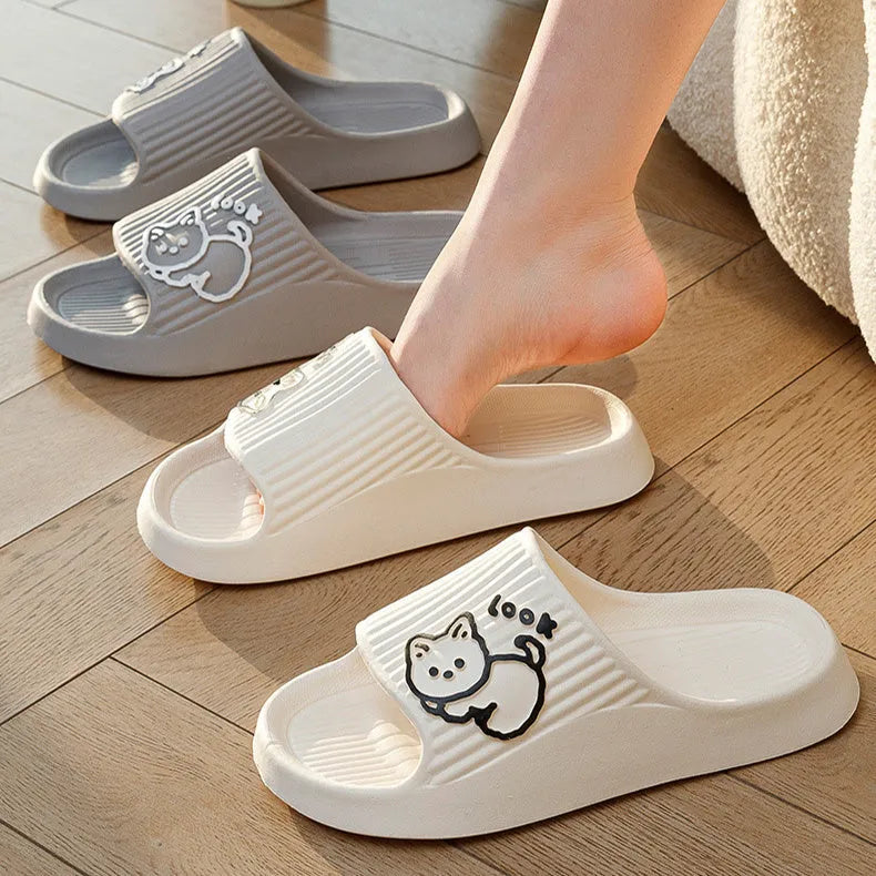 Women's cat print platform slippers in green, with a thick non-slip EVA sole for indoor and outdoor use.