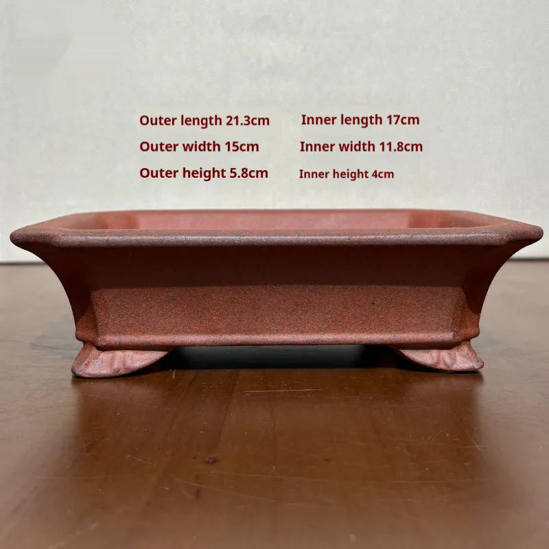 Light brown stoneware rectangular bonsai flowerpot, 17cm bottom diameter, high temperature fired