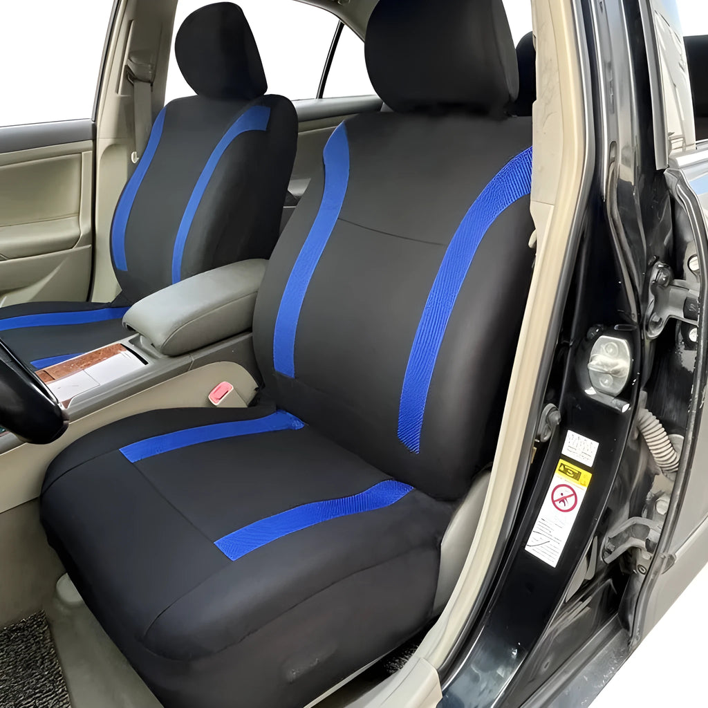 Polyester universal car seat cover with eyelet stitching in blue, showing sponge backing and dimensions.