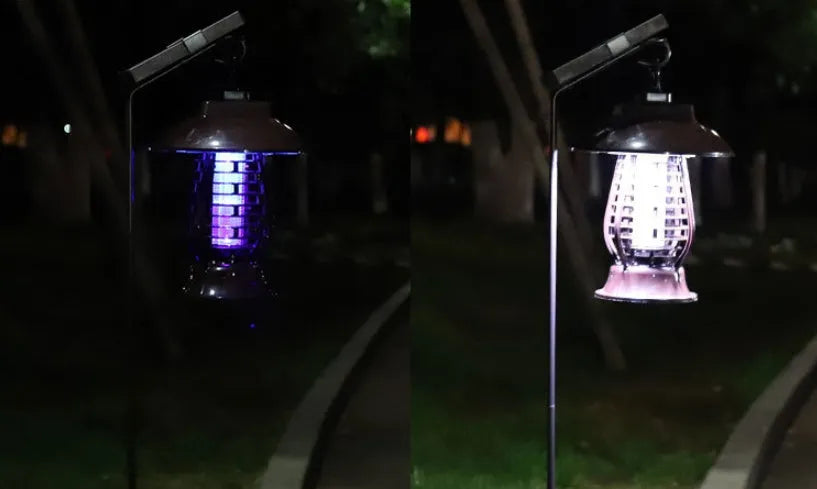 Black solar mosquito lamp with solar panel and LED lights for garden outdoor insect control