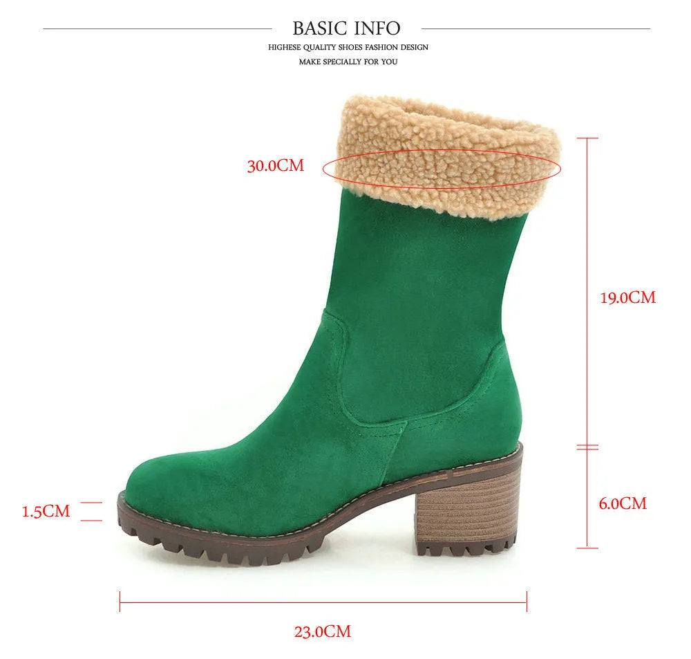 Snow boots in black, grey, green, and orange colours with a plush lining and rubber insole.