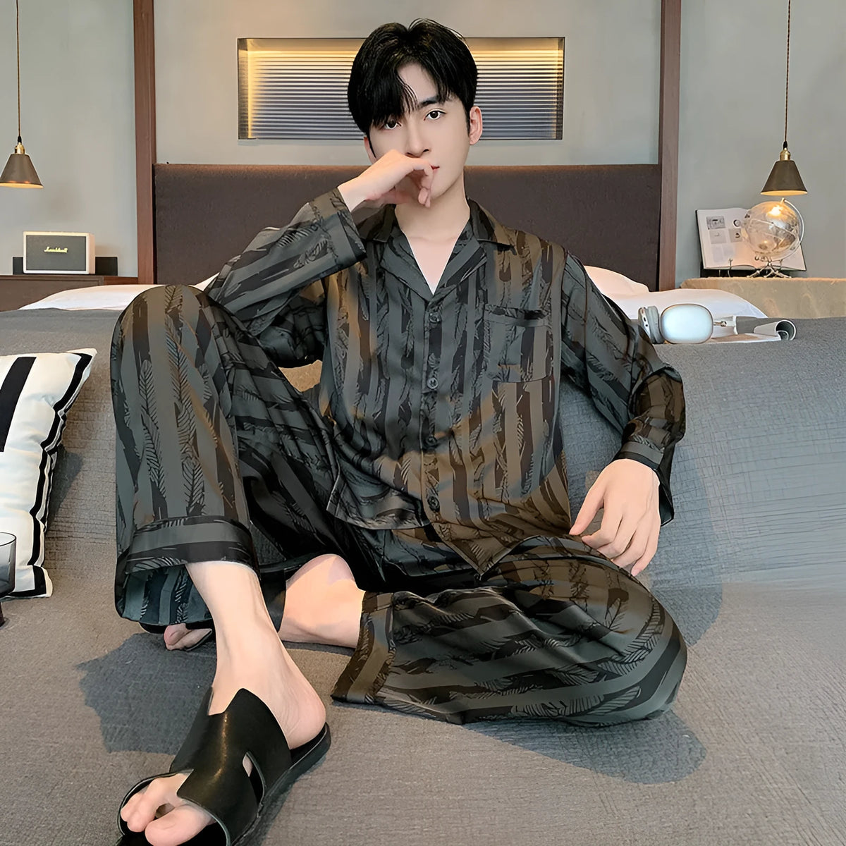 Men's black stripes ice silk pajama set with V-neck top and long trousers
