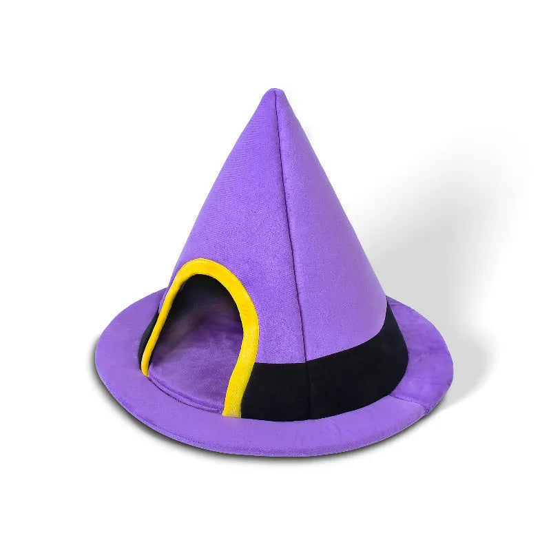 Purple witch hat-shaped cloth cat nest for pets, shown with dimensions of 60 by 45 centimetres.